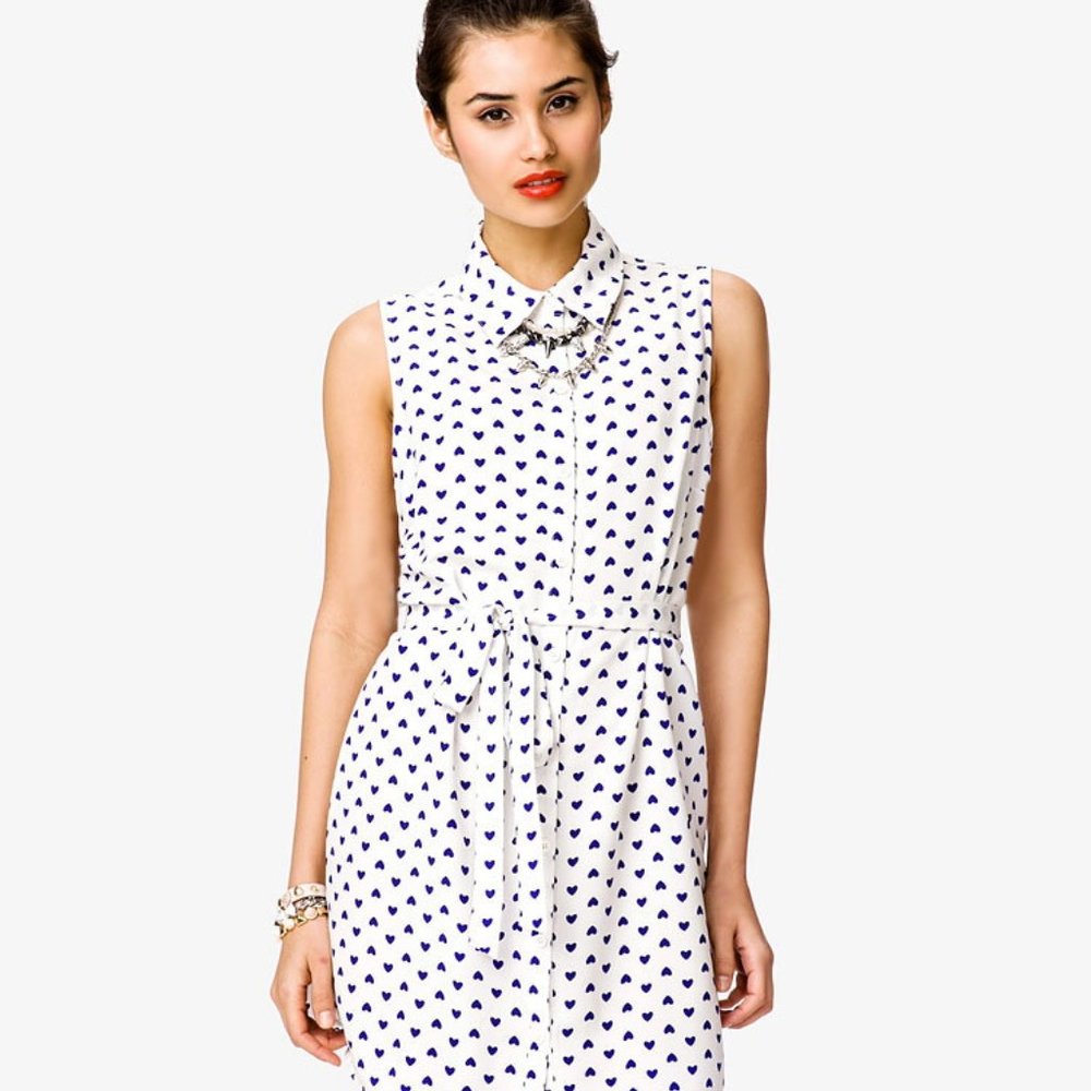 White with Blue Hearts Button Up Dress